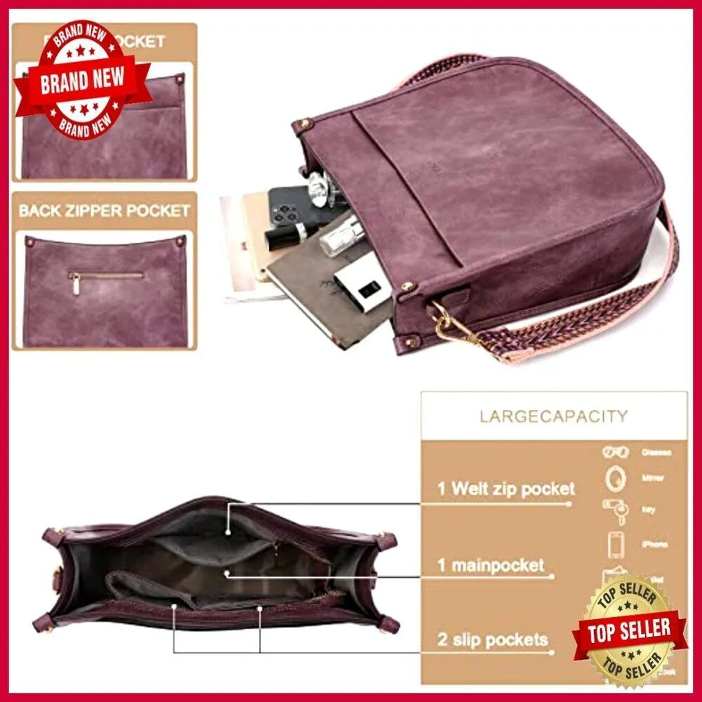 Vegan Leather Hobo Crossbody Bag with Adjustable Guitar Strap
